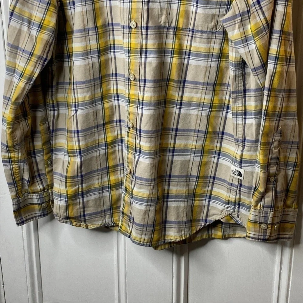 The North Face Yellow/Blue Plaid Long Sleeve Button Down Shirt Sz L